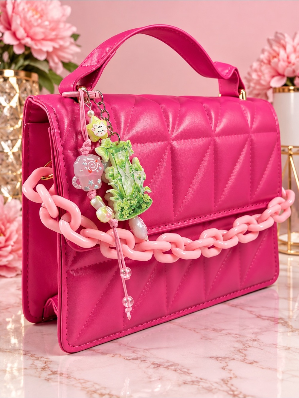 Pink Quilted Top-Handle Chain Bag - Unbranded with free keychain